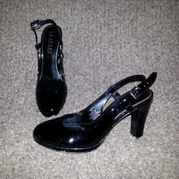 LAUREN by Ralph Lauren-Maegan-Black Patent Leather Slingback Heels-Size 7B-NWOB - Picture 1 of 7